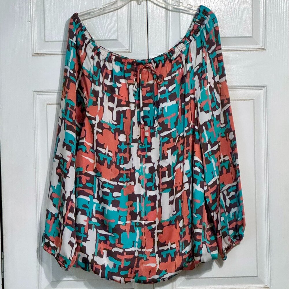 VINTAGE ASHLEY STEWART Blouse 14/16 Abstract Geo Print Lined Long Sl Hippie Top